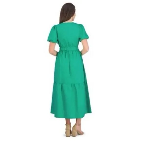 French Connection Poplin Puff Sleeve V Neck Tiered Fit and Flare Maxi Dress - Picture 2 of 10